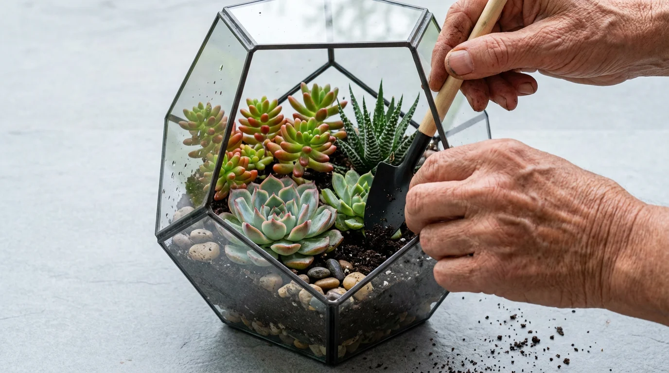 Close-up of mature hands carefully arranging colorful succulents in a modern glass terrarium.