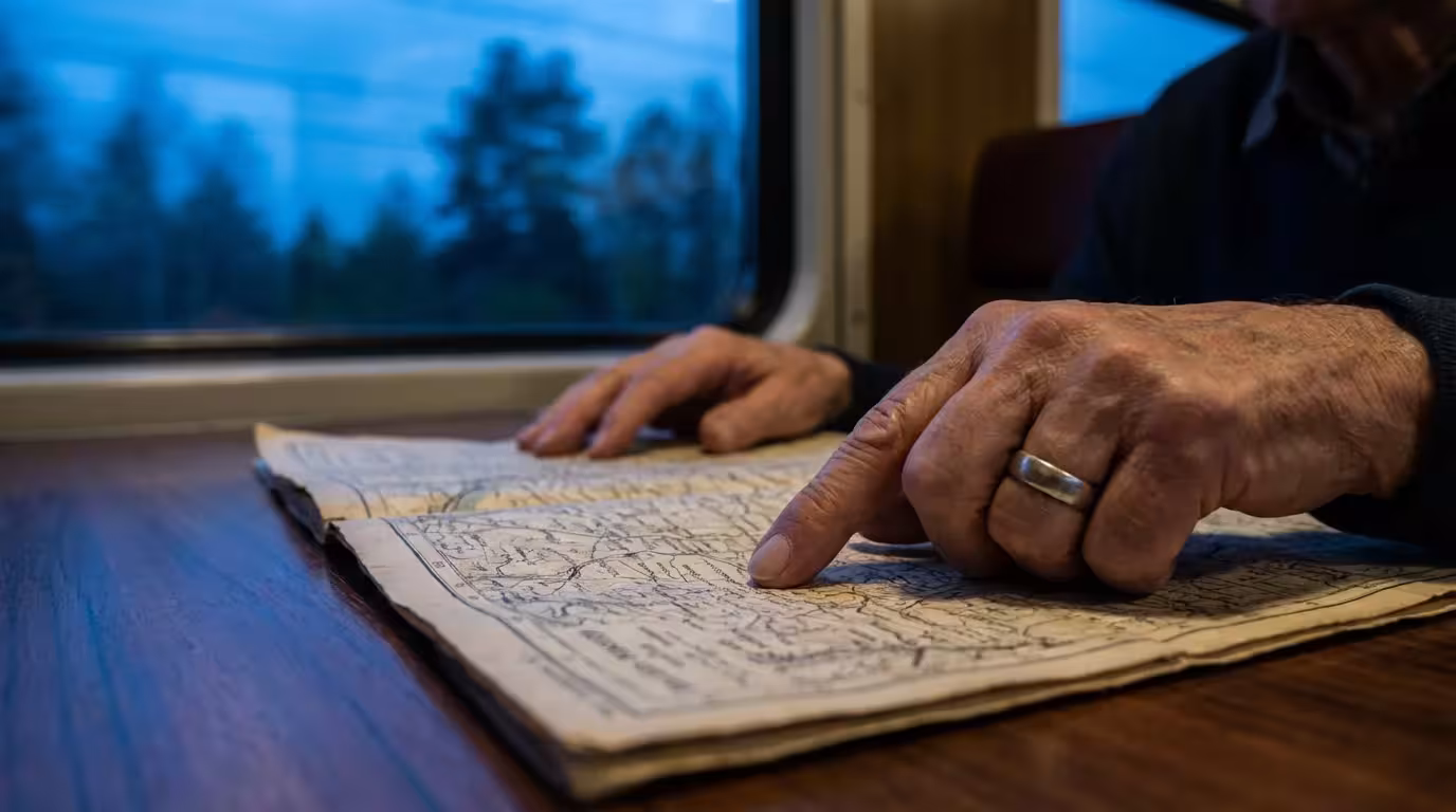 Close-up of mature hands tracing a travel route on a paper map inside a train.