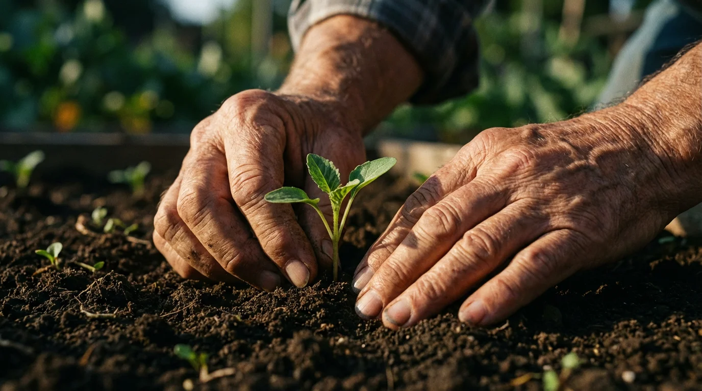 Close-up of older hands planting a tiny green sprout in dark garden soil.