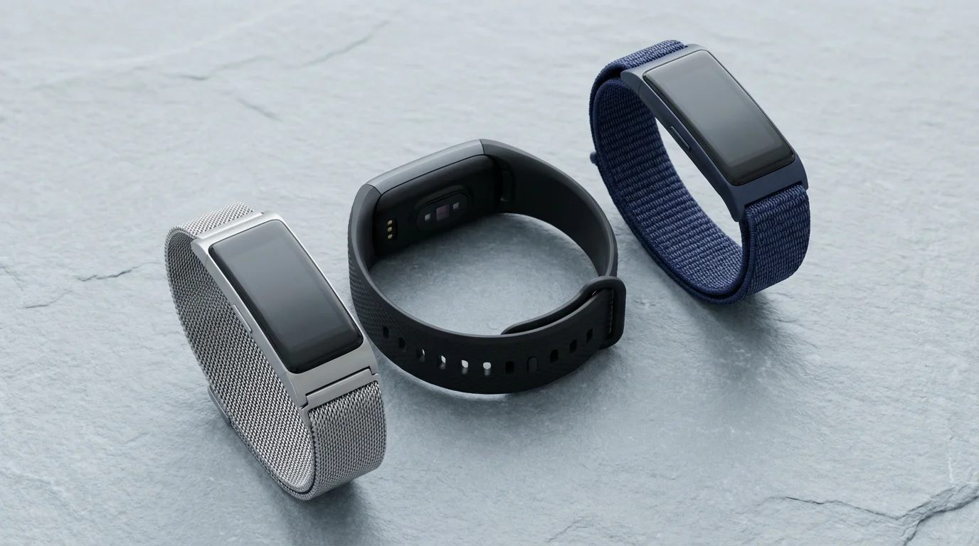 Close-up of three different modern activity trackers on a neutral gray slate background.