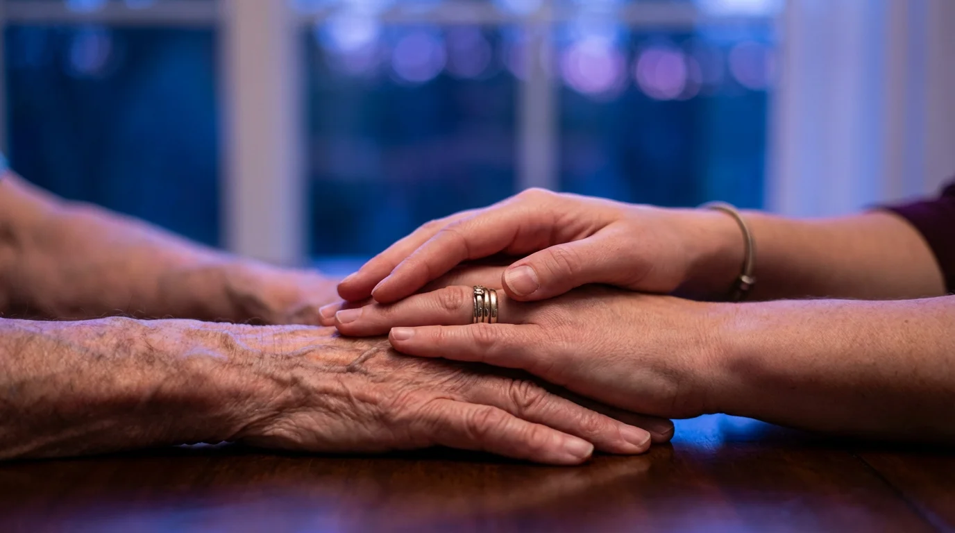 Close-up of three hands of different generations stacked together in a supportive gesture.