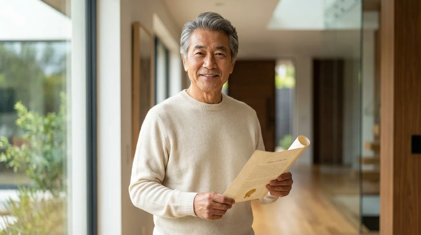 Confident senior man stands in his home entryway, proudly holding his property deed.