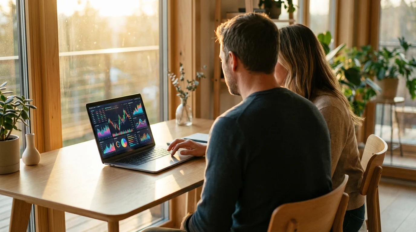 Couple in a sunlit home office researching abstract investment charts on a laptop.
