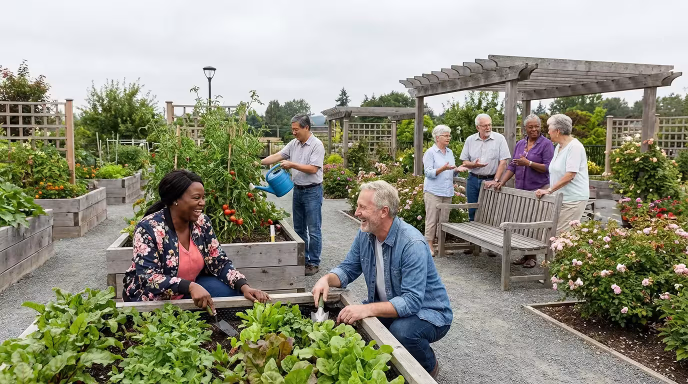 Diverse group of seniors socializing and gardening together in a vibrant community garden.