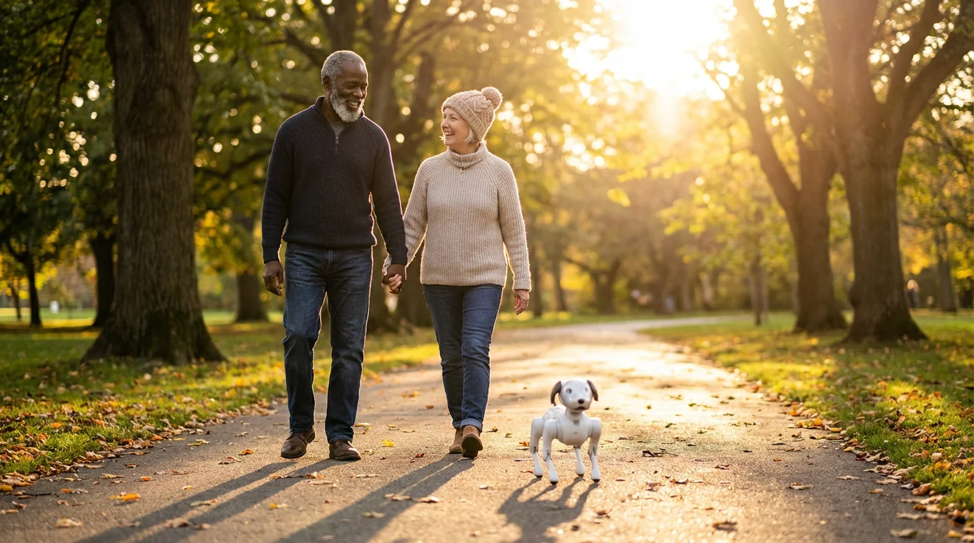 Elderly couple walks in a park at sunset with their small robotic companion dog.