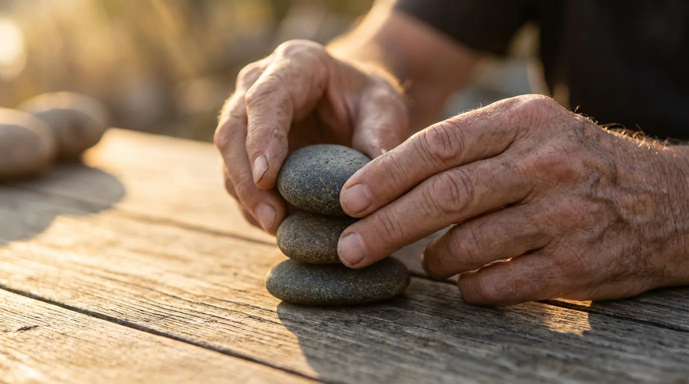 Elderly hands carefully stacking stones, symbolizing building a foundation for retirement healthcare.