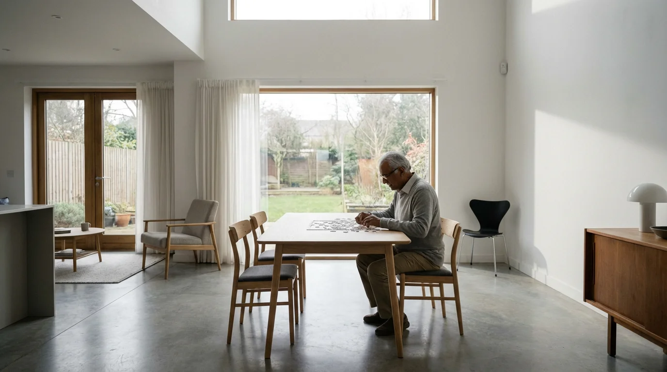 Elderly man doing a puzzle in his modern living room with a discreet wall-mounted sensor.