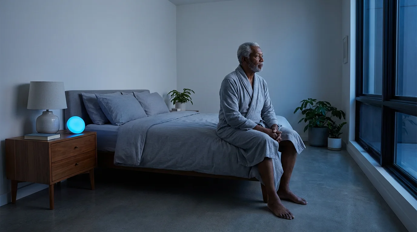 Elderly man in a modern bedroom at dusk with a glowing health monitoring device.