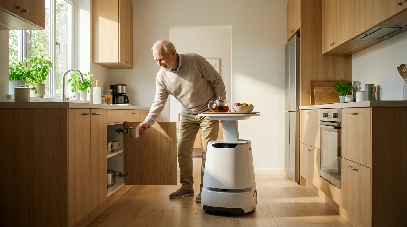 Elderly man in a modern kitchen with a friendly robotic assistant helping with breakfast.
