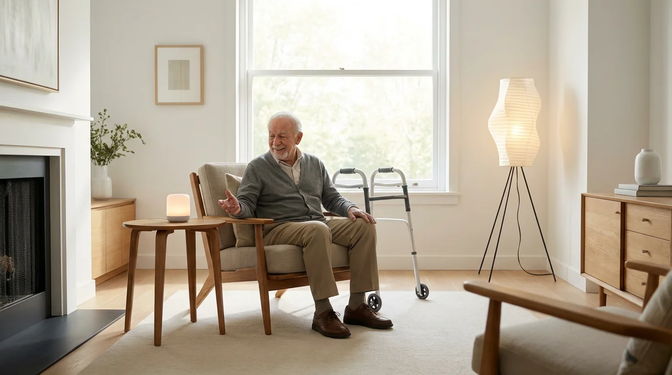 Elderly man in his sunlit living room using a voice-activated smart device.