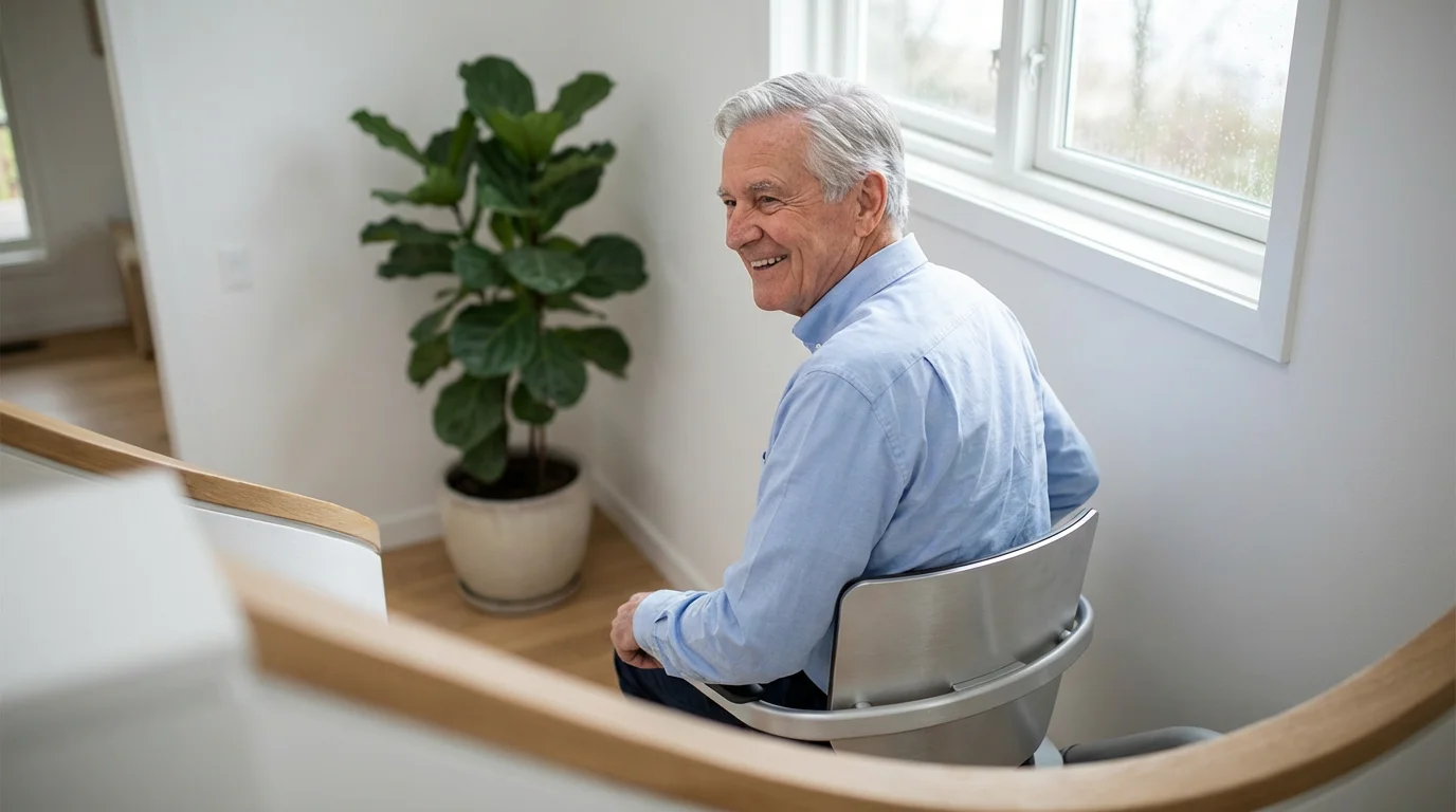 Elderly man using a modern stairlift in a bright, contemporary home.