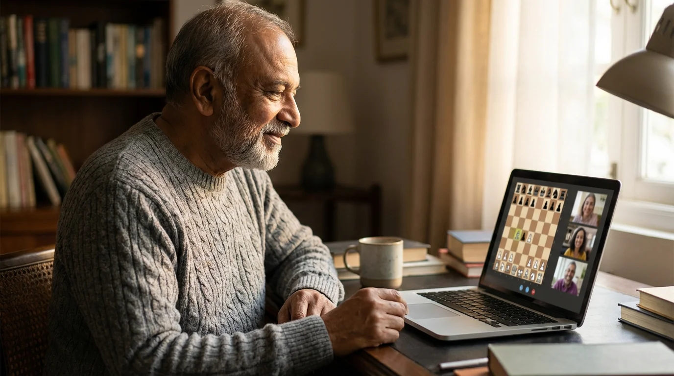 Elderly South Asian man smiling while playing chess online with a group via laptop.