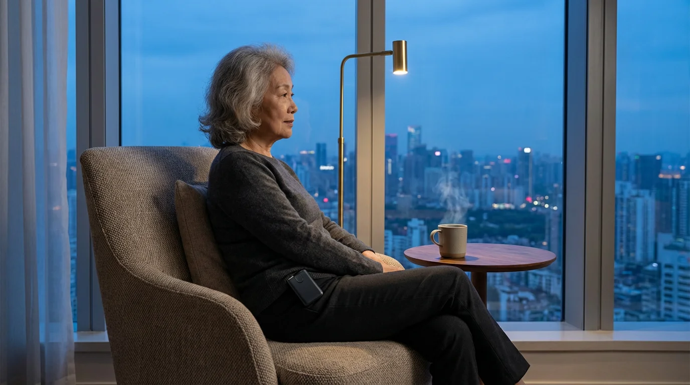 Elderly woman in a modern apartment at dusk wearing a wearable fall detection sensor.