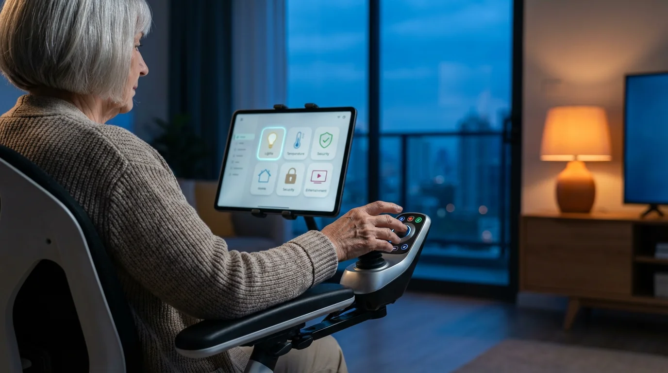 Elderly woman in a power wheelchair uses a mounted tablet and specialized joystick controller.