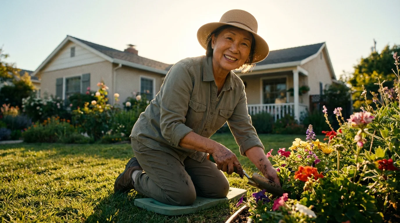 Elderly woman peacefully gardening in her front yard during a warm golden hour sunset.