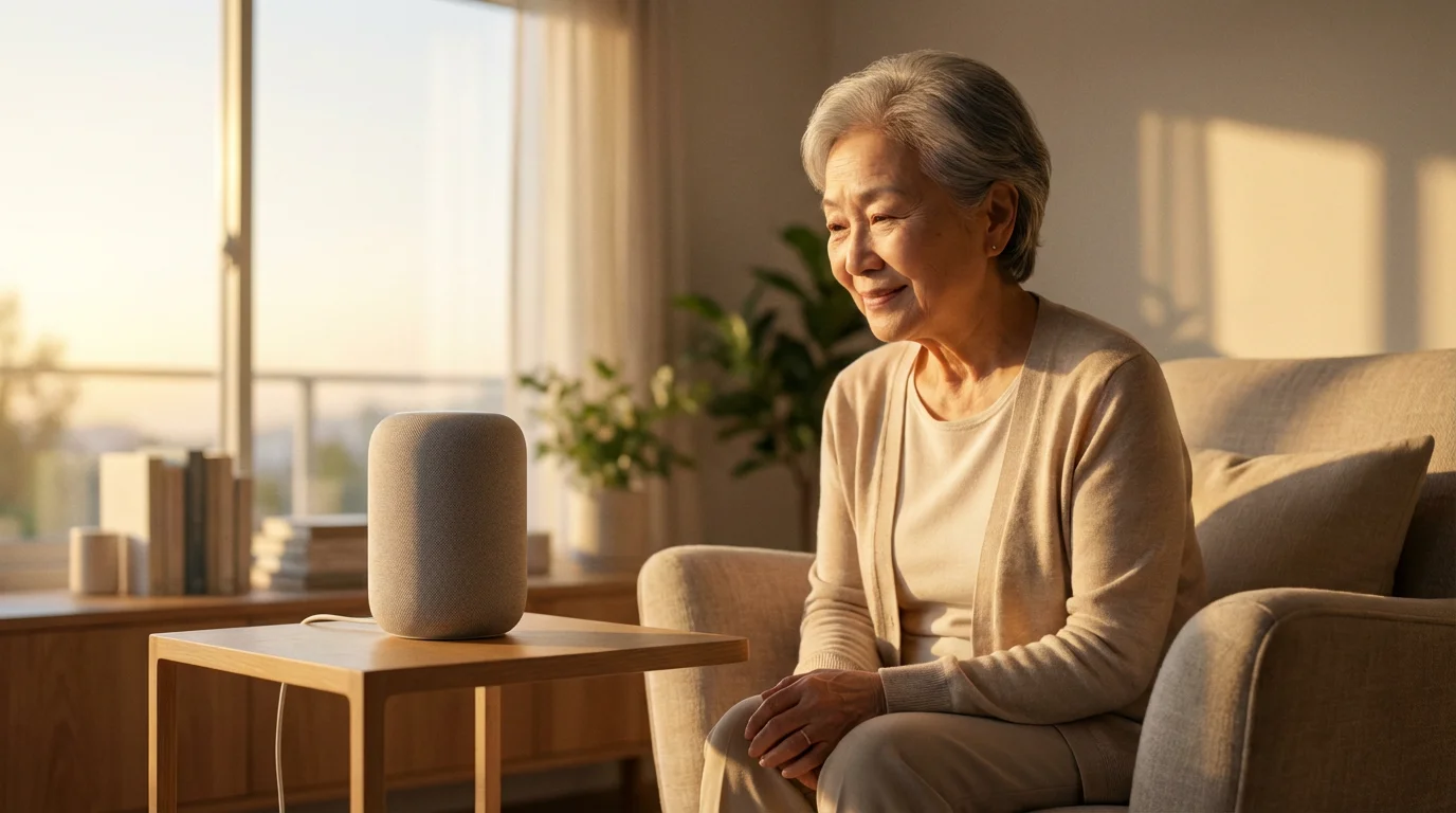 Elderly woman smiling in her modern smart home living room at golden hour.