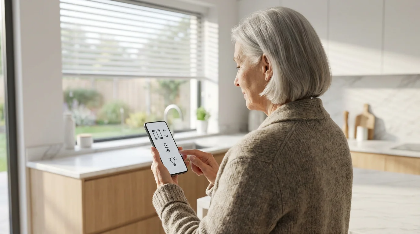 Elderly woman uses a smartphone with accessibility features to control smart blinds in her kitchen.