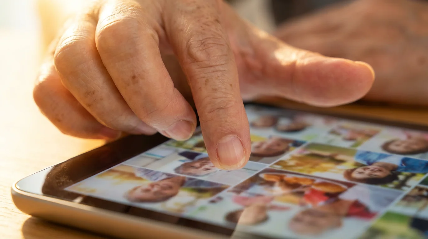 Elderly woman's hand scrolling through a colorful, blurred social media feed on a tablet.