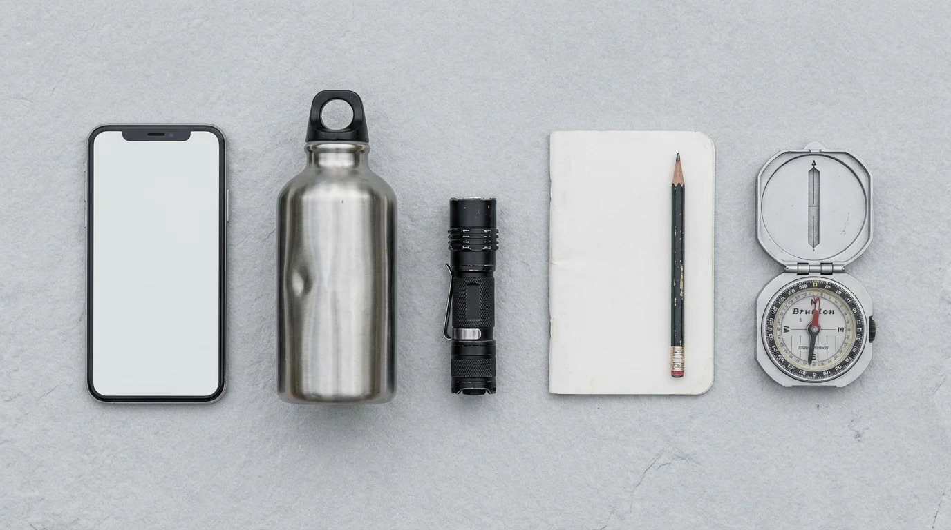 Essential geocaching gear including a smartphone, compass, and water bottle arranged in a flat lay.
