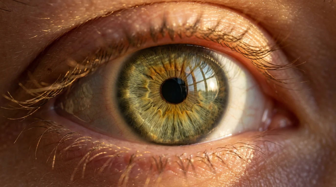 Extreme close-up macro photo of a human eye during golden hour, showing detailed iris.