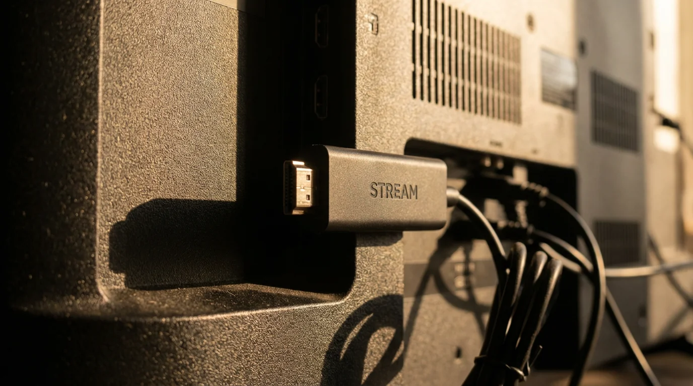 Extreme close-up of a streaming media device plugged into a television's HDMI port.
