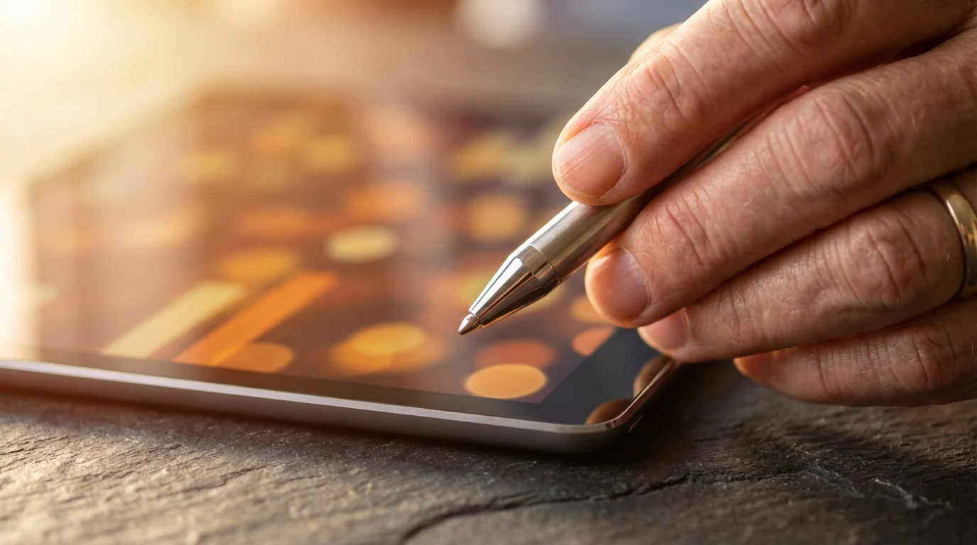 Extreme macro photo of a stylus tip hovering over a tablet screen at sunset.