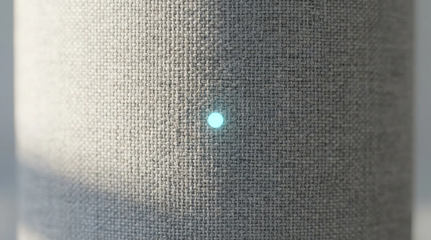 Extreme macro photograph of a smart speaker's textured fabric with a single glowing cyan light.