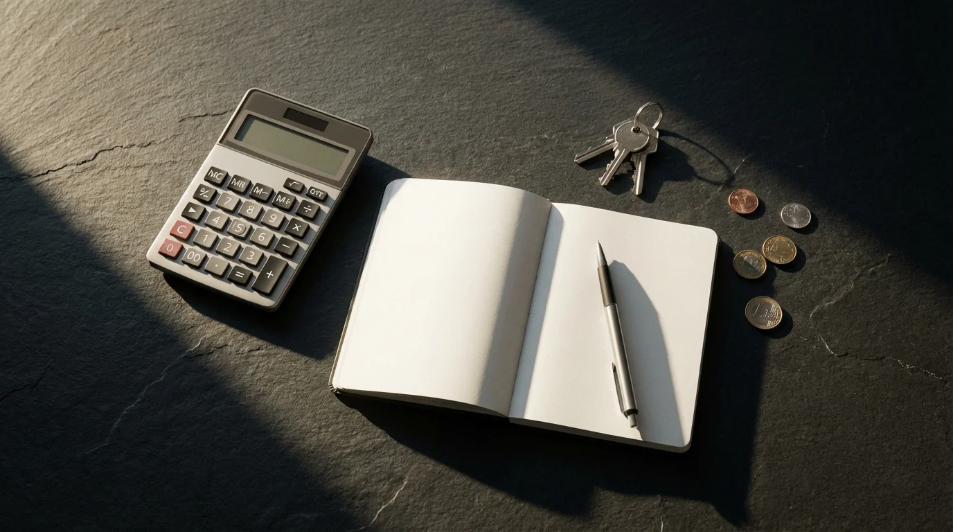 Flat lay of a calculator, notebook, keys, and coins on a slate table.