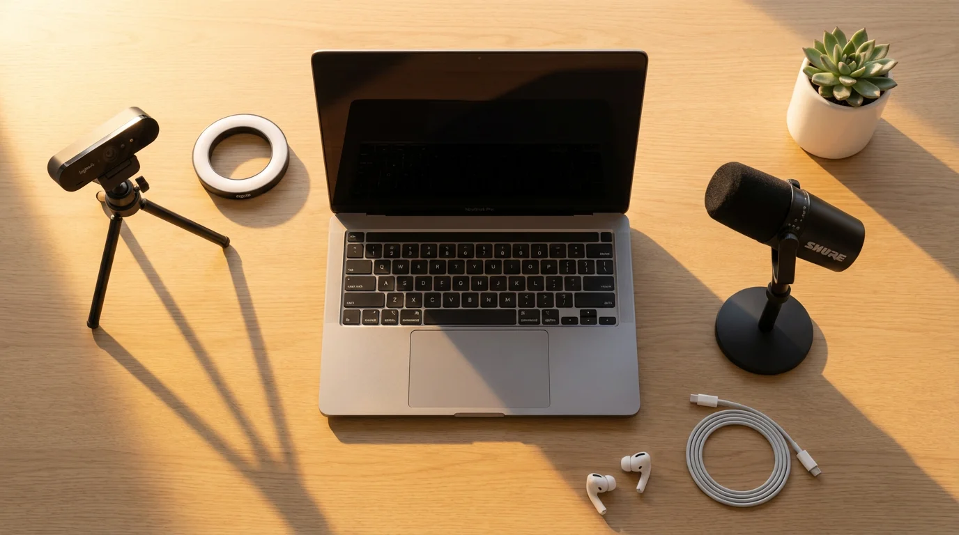 Flat lay of a desk with a laptop, webcam, microphone, and ring light.