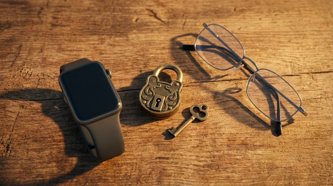 Flat lay of a fitness tracker, a padlock, and reading glasses on a table.