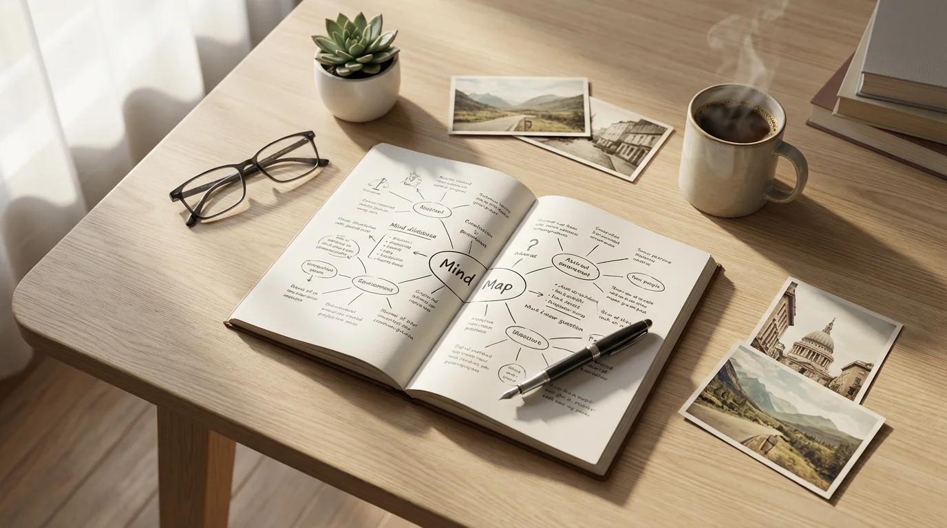 Flat lay of a journal, coffee, and items representing retirement hobbies and introspection.