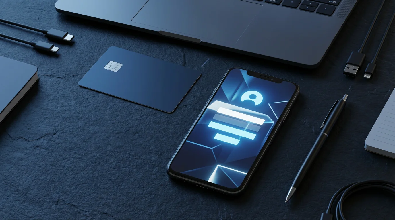 Flat lay of a laptop, smartphone, and bank card for setting up online banking.