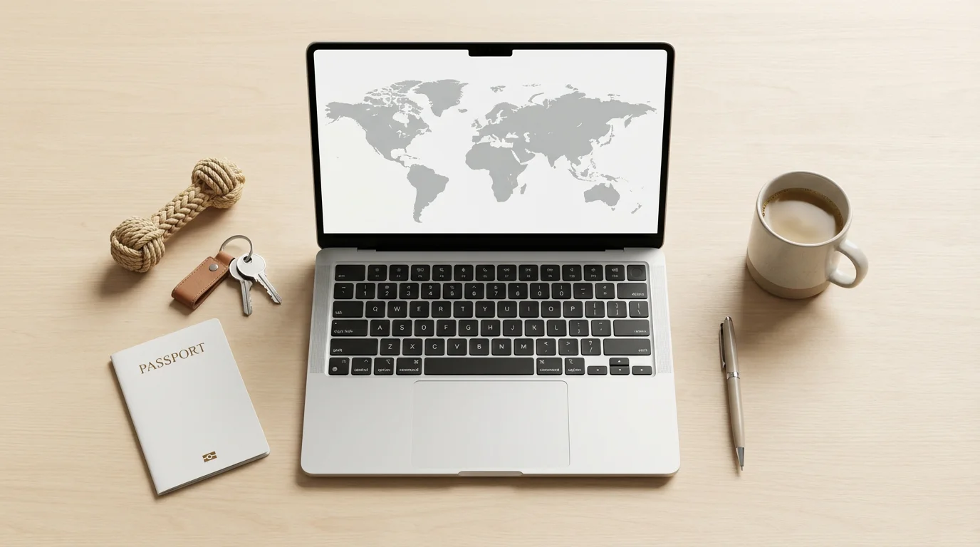 Flat lay of a laptop with a map, passport, and house keys for travel.