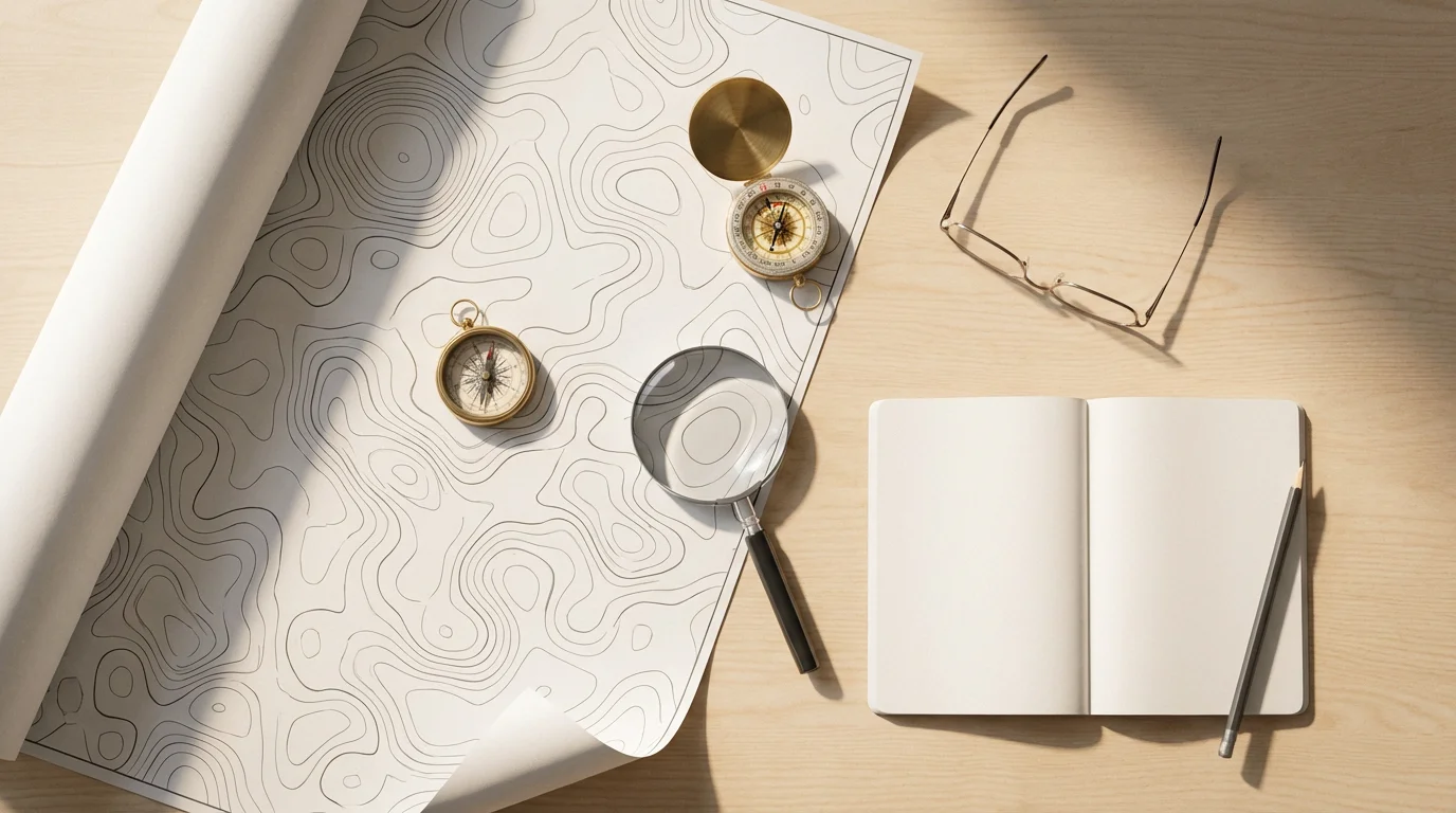 Flat lay of a map, compass, and magnifying glass for charity research.