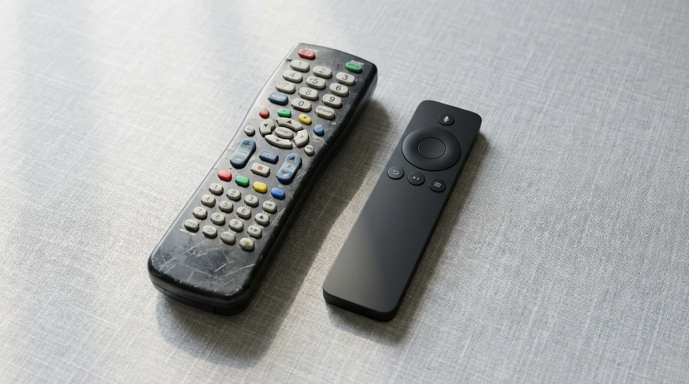 Flat lay of a modern streaming remote placed beside a traditional cable box remote.