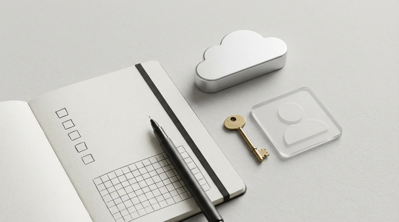 Flat lay of a notebook and symbolic objects representing a digital asset inventory.