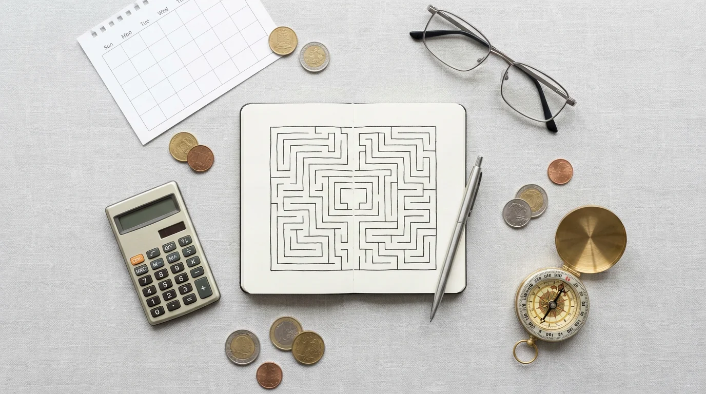 Flat lay of a notebook with a maze, a compass, and a calculator symbolizing retirement uncertainty.