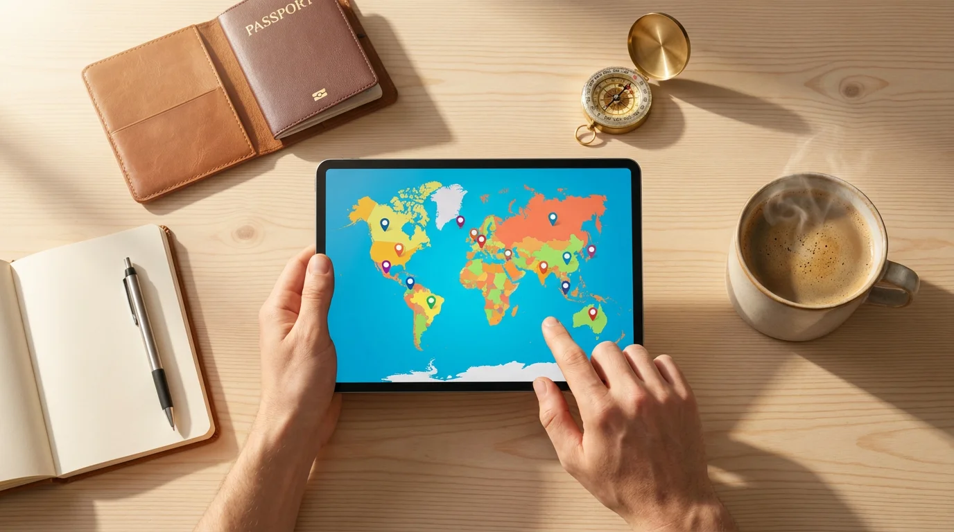 Flat lay of a person planning a volunteer trip on a tablet with a map.