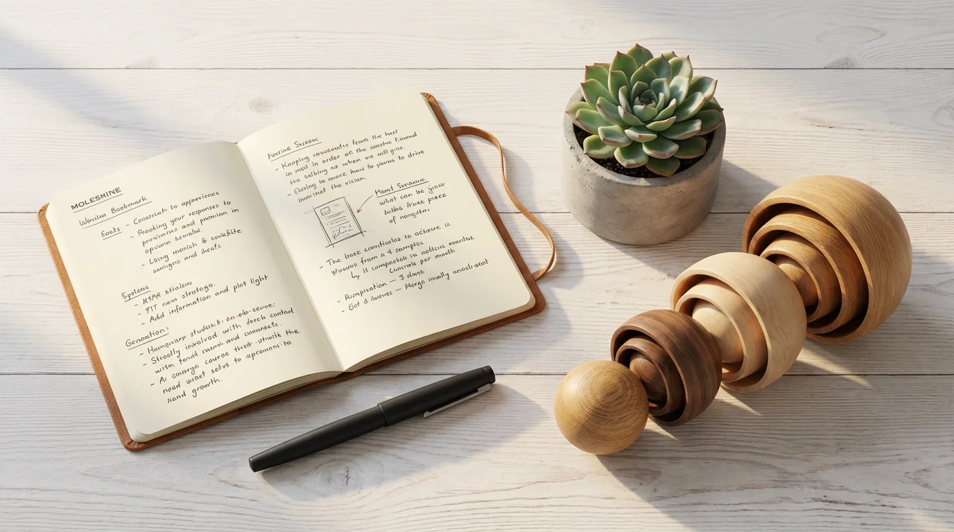 Flat lay of a planner, pen, succulent, and nesting wooden spheres representing financial security.