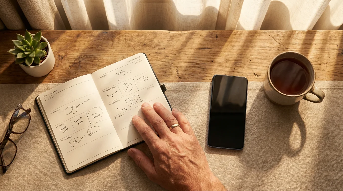 Flat lay of a retiree's desk with a smartphone, planner, and mug.