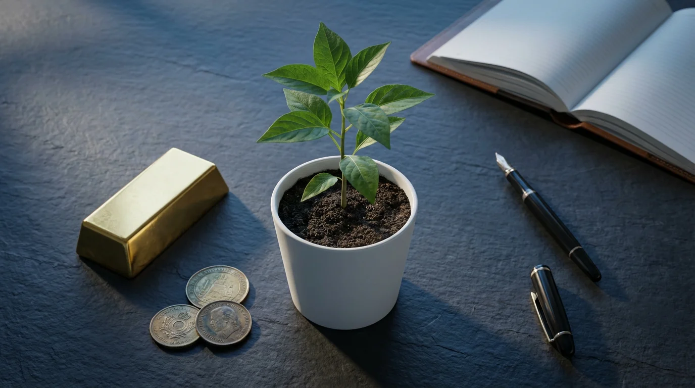 Flat lay of a sapling, gold bar, and notebook symbolizing diversified retirement investment planning.