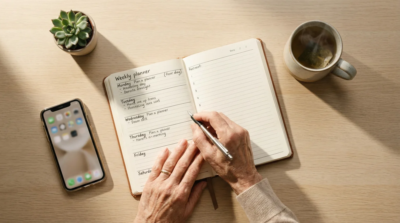 Flat lay of a senior's hands planning in a journal on a sunlit desk.