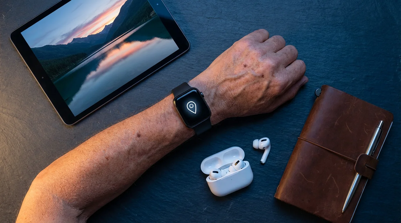 Flat lay of a senior's smartwatch, tablet, and wireless earbuds on a dark table.
