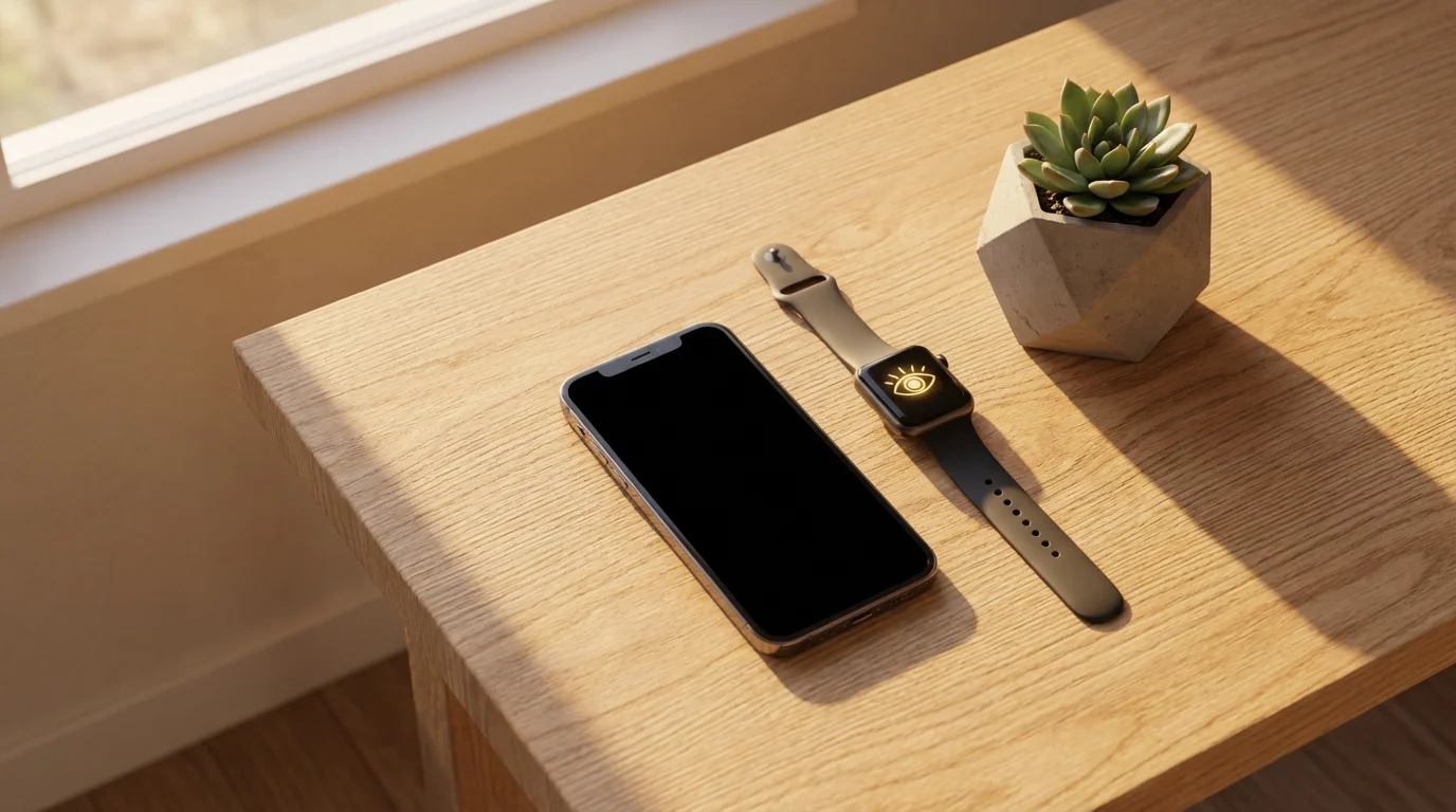 Flat lay of a smartphone and smartwatch with an eye rest reminder icon.