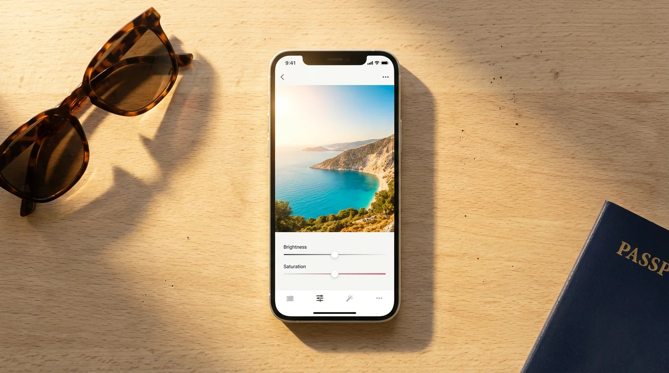 Flat lay of a smartphone editing a travel photo on a wooden table with sunglasses.