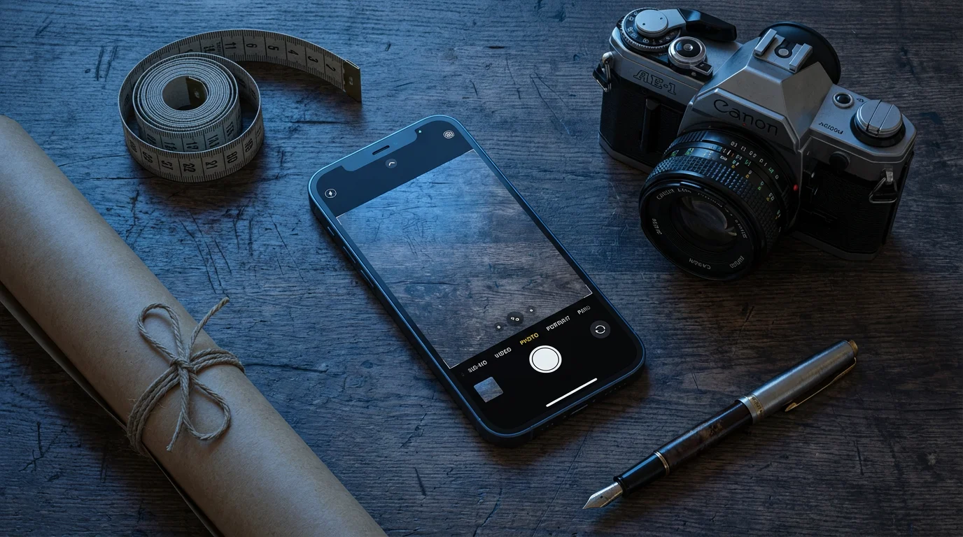 Flat lay of a smartphone photographing a vintage camera for online sale at dusk.