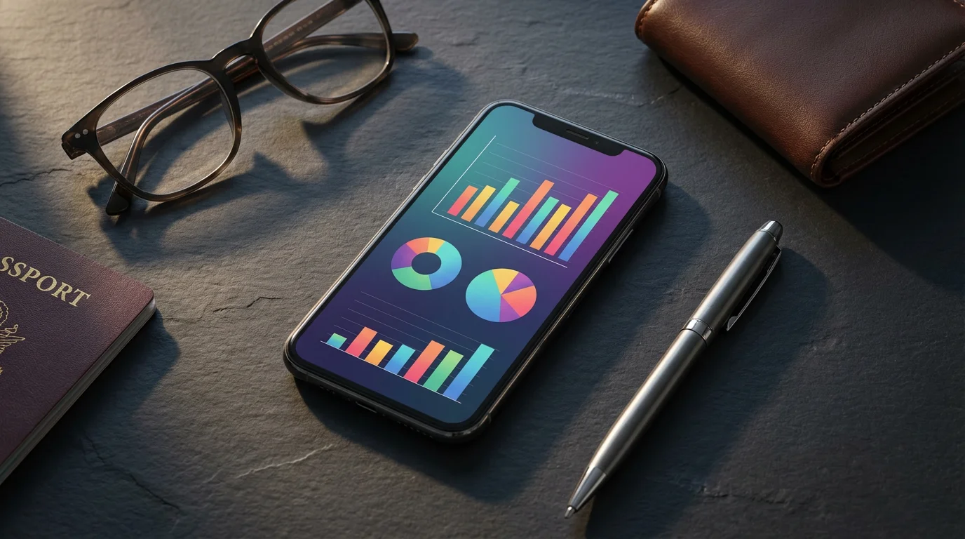 Flat lay of a smartphone showing financial charts surrounded by retirement planning items.