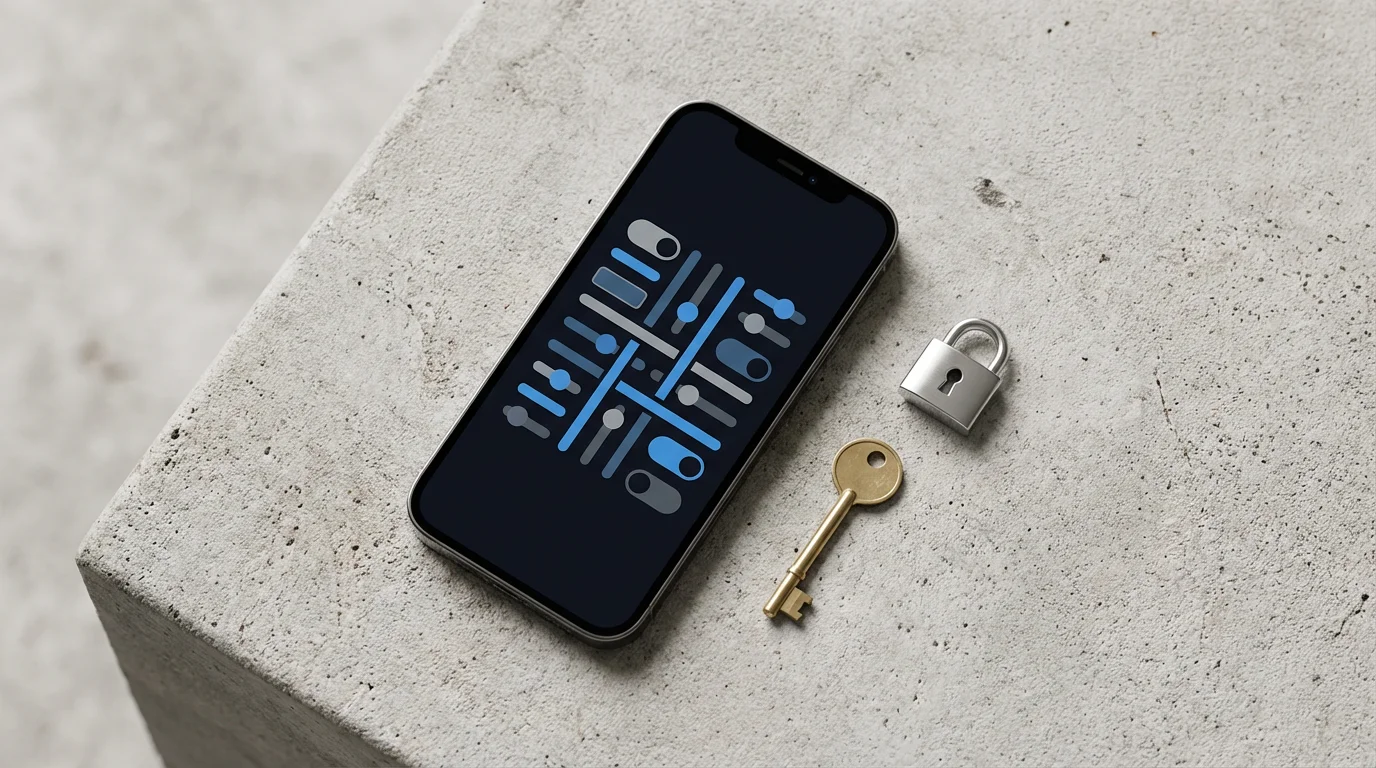 Flat lay of a smartphone showing privacy settings next to a key and lock.