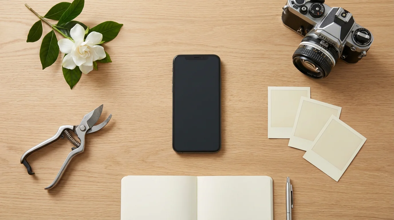 Flat lay of a smartphone surrounded by a camera, notebook, and gardening items.