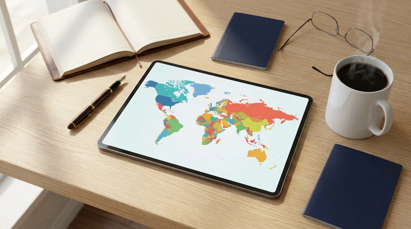 Flat lay of a tablet, journal, passport, and coffee for retirement bucket list planning.